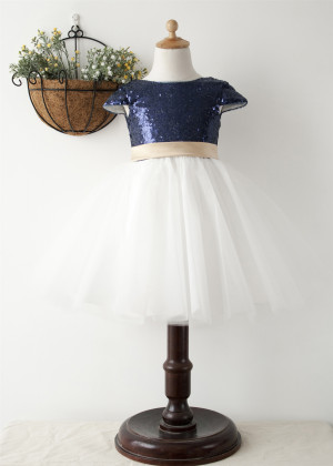 Navy Blue Sequin Ivory Tulle Short Flower Girl Dress